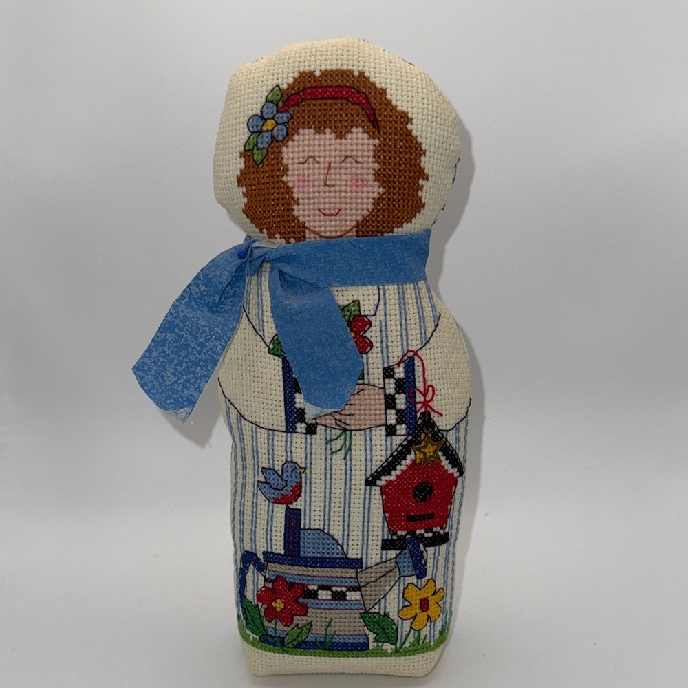 Greta Gardener Handcrafted Doll Cross Stitch Figure Y2K Stand Up Weighted Bottom